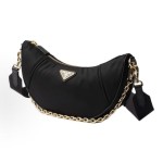 PRADA Re-Nylon Demi-lune metal hardware accessories, enamel-coated triangular metal logo, half-moon bag, single-shoulder bag for women, black